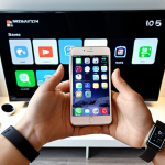 **A person using a smartphone surrounded by various smart devices (smartwatch, smart TV) in a modern, technology-filled environment. The scene emphasizes the convenience and integration of these devices into daily life.**