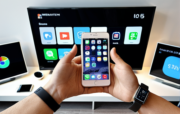 **A person using a smartphone surrounded by various smart devices (smartwatch, smart TV) in a modern, technology-filled environment. The scene emphasizes the convenience and integration of these devices into daily life.**