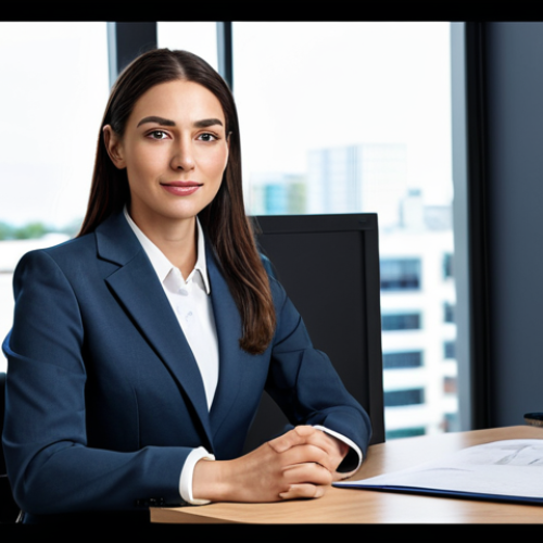 Home 7 ** A professional businesswoman in a modest business suit, sitting at a desk in a modern office. She is fully clothed. The scene is safe for work, showing appropriate attire, and features perfect anatomy with natural proportions. This is a professional photography, high quality image.
**