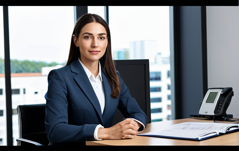 ** A professional businesswoman in a modest business suit, sitting at a desk in a modern office. She is fully clothed. The scene is safe for work, showing appropriate attire, and features perfect anatomy with natural proportions. This is a professional photography, high quality image.

**
