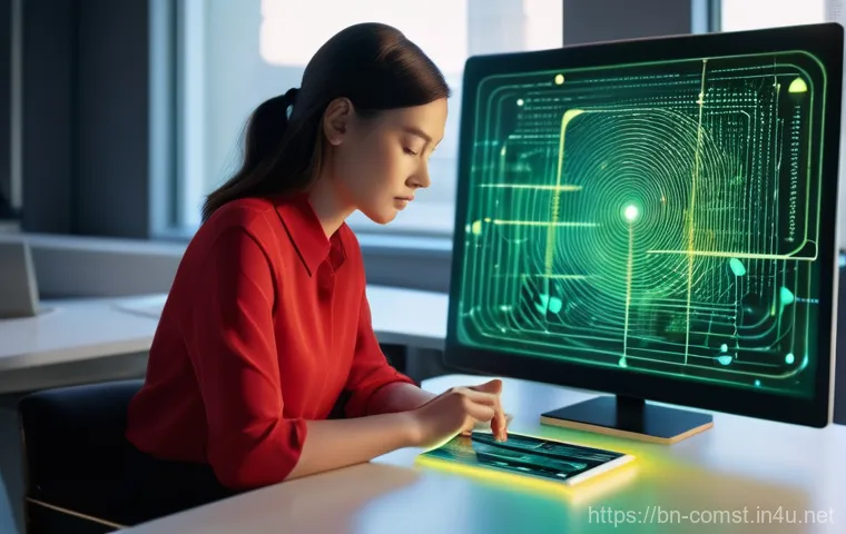 텍스트 분석 및 시각화 - **Text Analysis: Uncovering Digital Insights**
A young, focused female data analyst, dressed in ...