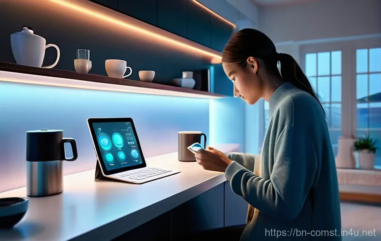 디지털 회로 설계 - **Prompt:** A vibrant, futuristic interior of a smart home, bathed in soft, diffused light. In the f...