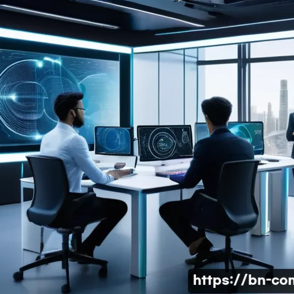 컴퓨터공학 연구 동향 - A high-tech laboratory scene showcasing advanced machine learning algorithms at work: a diverse grou...