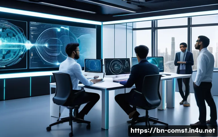 컴퓨터공학 연구 동향 - A high-tech laboratory scene showcasing advanced machine learning algorithms at work: a diverse grou...