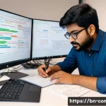 Home 21 버그 추적 및 디버깅 - A detailed professional software development workspace showing a Bengali programmer deeply analyzing...