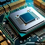 Home 19 컴퓨터 구조 - A detailed, realistic close-up of a modern computer CPU chip on a motherboard, highlighting multiple...