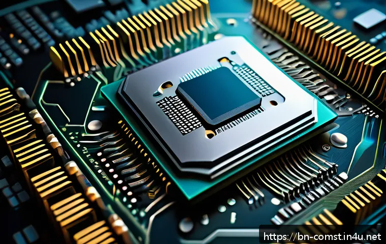 컴퓨터 구조 - A detailed, realistic close-up of a modern computer CPU chip on a motherboard, highlighting multiple...
