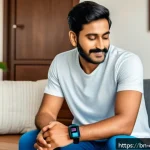 Home 23 스마트 헬스케어 기술 - A detailed and realistic scene of a Bengali man wearing a modern smartwatch and fitness band on his ...