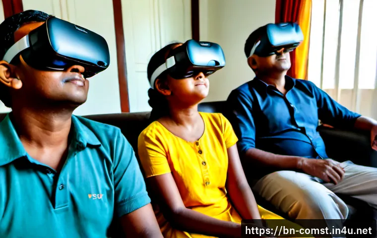 가상 현실 VR  기술 - Photorealistic modern living room in Bangladesh, a Bengali family wearing sleek virtual reality head...