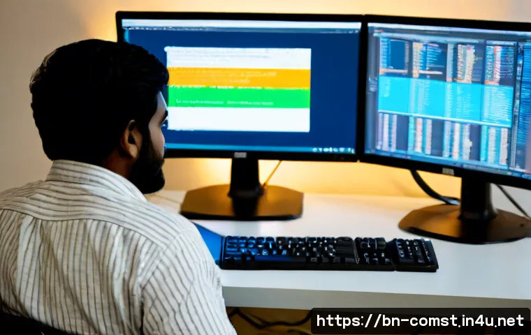 시스템 프로그래밍 - Photorealistic modern systems programming workspace, focused adult software engineer viewed from beh...