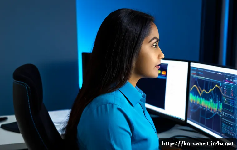 네트워크 패킷 분석 도구 - Photorealistic cybersecurity analyst at a clean modern desk, studying colorful network traffic visua...