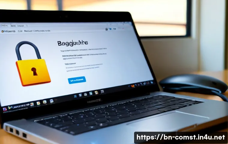 Home 17 HTTP HTTPS 프로토콜 - Photorealistic close-up of a modern laptop on a clean desk, a glowing padlock reflected on a blank b...